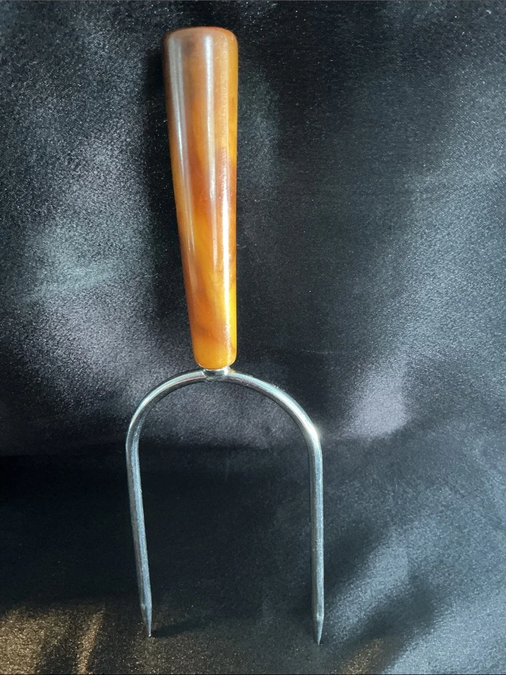 Vintage Stainless Steel Carving Fork with  Butterscotch Marbled Bakelite Handle